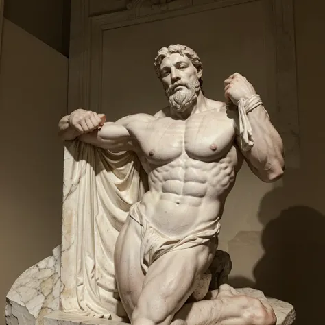 Statue of a man, Michelangelos style, looks like Hercules, with a beard, White marble sculpture with muscles, Classical realism, male, Full body and lower part covered with fabric, black background without details