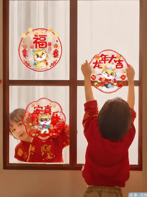 Alafid&#39;s children hold up a transparent window sticker, Ha 576, year 2447, gleeful, Decoration around the room, (number art), Chinese, 64x64, cai xukun, Chinese traditional, large view, 5 days, 5 days, second, Middle Metaverse, decor