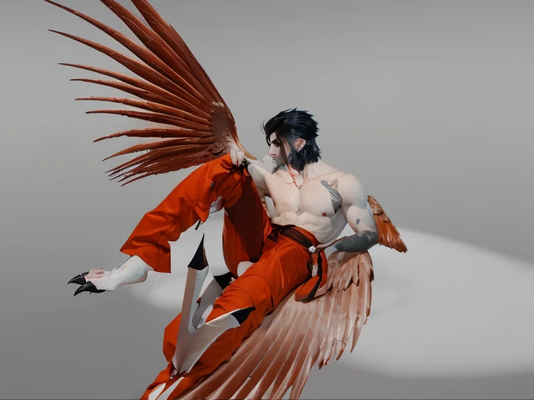 Male harpie with black mullet style hair, shaved sides of hair, orange harpie wings, clawed three-toe harpie feet, wearing an orange prison jumpsuit halfway off, sitting down with a knee up, arm resting on knee, in the style of d&d character artwork ((harp...