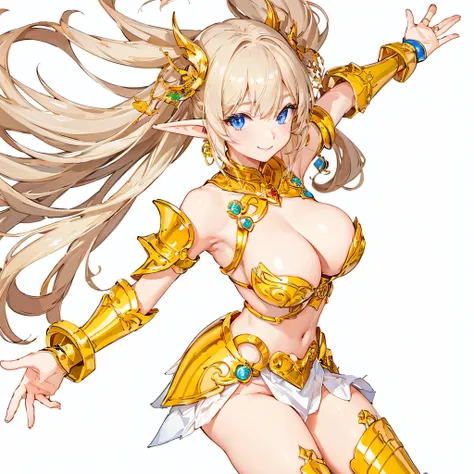 ​masterpiece、top-quality、ighly detailed、hight resolution、１６ｋ、fullnude、teats、Boob proportions、golden armour、Very thin skirt、Black pants、Full body like、Very white skin、Beautiful fingers、Anime girl with very big breasts posing naked、Perfect Style、elvish、no-br...