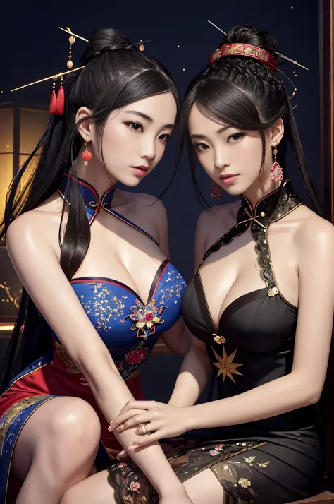 high-level image quality、closeup portrait:1.4,detailed faces,Like a shot with an SLR、Sensual body,thighs、slit、Painting a work of art depicting two women in a tanslucent traditional cheongsam sitting together,duo,((sisterhood)),front view,rendering by octan...