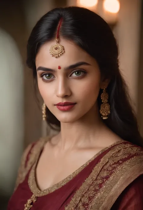 (((a deep reddish wound crosses her left cheek))) fair complexion, indian woman around 19 years old, natural black hair, distinctive green eyes, wearing kohl, slender and graceful, beautiful, candlelight in a medieval setting, ultra sharp focus, realistic ...