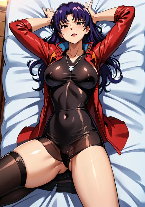 (masutepiece),(Best Quality), Katsuragi Misato, 、Colossal tits、See-through black dress,Seductive underwear、Sleeping in bed、 Spread your legs apart、Brown eyes,  Cross Necklace,  Red jacket,   Persistent stare, Sharp eyes, Spread your legs apart、Open the cro...