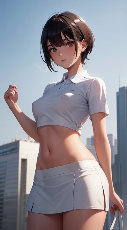 1girl, solo, white polo shirt, white sneakers, tennis wear, white miniskirt, masterpiece, best quality, realistic, hyper-detailed, (shiny skin, sweaty:1.4), absurd, looking at viewer, short black hair, brown eyes, slender, dynamic lighting, high resolution...