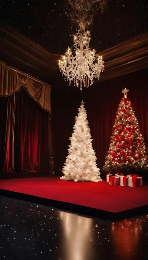 A red carpet is laid out on a black floor、A sparkling white Christmas tree in the center、hiquality、Moving Light