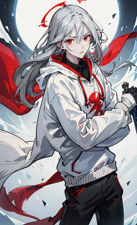 top-quality,male people,Long gray hair,red eyes,White hoodie,Black pants,Light blue muffler,Great sword wrapped in ice,cool expression,icy,Red Moon