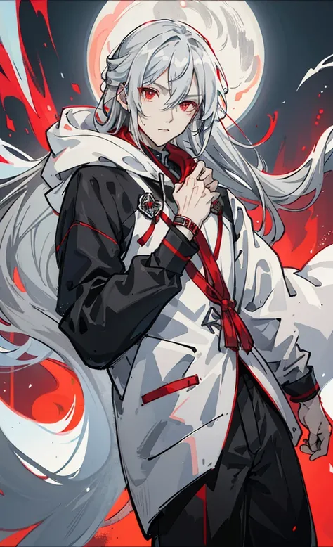 top-quality,male people,Long gray hair,red eyes,White hoodie,Black pants,Light blue muffler,Great sword wrapped in ice,cool expression,icy,Red Moon