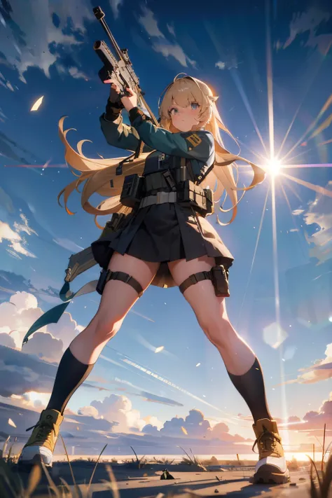 {{Masterpiece, top quality, highly detailed CG, unified 8k wallpaper, movie lighting, lens flare}}, girl shooting rifle, wide view, full body, thick body, long blond hair, green eyes, (holding a weapon, holding a rifle, aiming, aiming: 1.4), gun, h&k hk416...