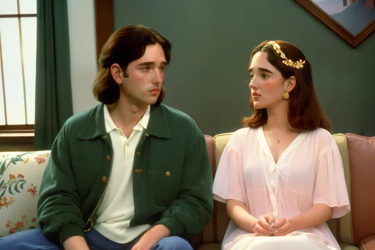 1995, Berkshire, Massachusetts. Pre-raphaelite ((((43-year-old)) Jennifer Connelly)), home, with ((David Markus)), on a romantic date, ((happiness)), ((((casual Clothing from the 1990s)))) ((short Hairstyle of the 1990s)), ((Wes Anderson cinematic style)),...