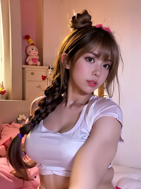 There is a woman taking a selfie in the bedroom, anime girl in real life, Sexy girl, She is facing the camera, long braid, Korean girls, Look at the camera sexily, Wear a tight shirt, anime thai girl, Tight fitting shirts, seductive anime girls, gorgeous c...