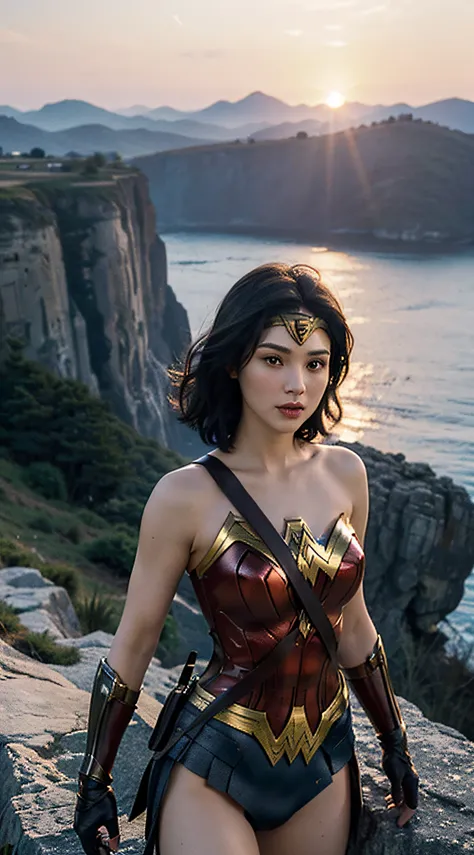 8k, best quality, (masterpiece:1.2), (realistic, photo-realistic:1.37), ultra-detailed, ((1girl)), innocent face, short dark bob hair, wearing wonder woman outfit, standing on the edge of a cliff, dynamic sunset colors in the sky