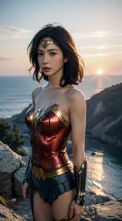 8k, best quality, (masterpiece:1.2), (realistic, photo-realistic:1.37), ultra-detailed, ((1girl)), innocent face, short dark bob hair, wearing wonder woman outfit, standing on the edge of a cliff, dynamic sunset colors in the sky