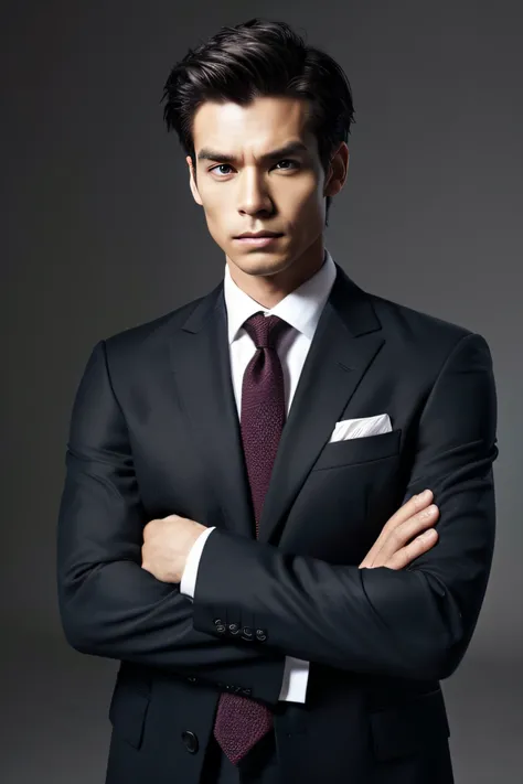 Strong-looking man in a suit。。A photo of him facing forward with his arms crossed。