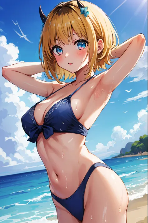 1girl, memcho, blonde hair, blue eyes, blunt bangs, demon horns, fake horns, horns, short hair, (blush:1.1),
BREAK string bikini, (blue bikini:1.2), medium breasts, Naked, Exposed skin, (Wet skin:1.3), (arms behind head, armpits), standing,
BREAK (sea:1.2)...