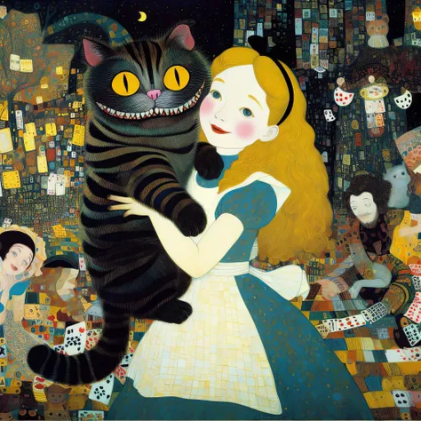 masterpiece, high quality, high definition, gustav klimt style, artistic painting, dark atmosphere, Land of Cards, Alice and the Cheshire Cat from Alices Adventures in Wonderland, Alice is holding the Cheshire Cat, they look happy A smiling face,