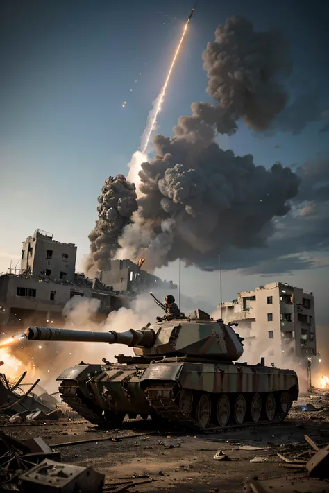 a war tank in a destroyed city with a sky full of rockets