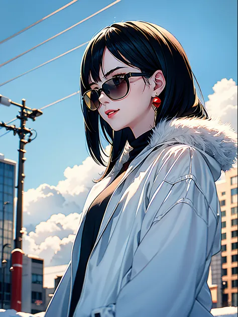 sam yang,, 1girl, animal, animal on shoulder, bird, black-framed eyewear, black eyes, black hair, blue sky, cityscape, clear sky, coat, day, earrings, eyewear hang, eyewear removed, fur coat, jacket, jewelry, long hair, looking to the side, outdoors, power...