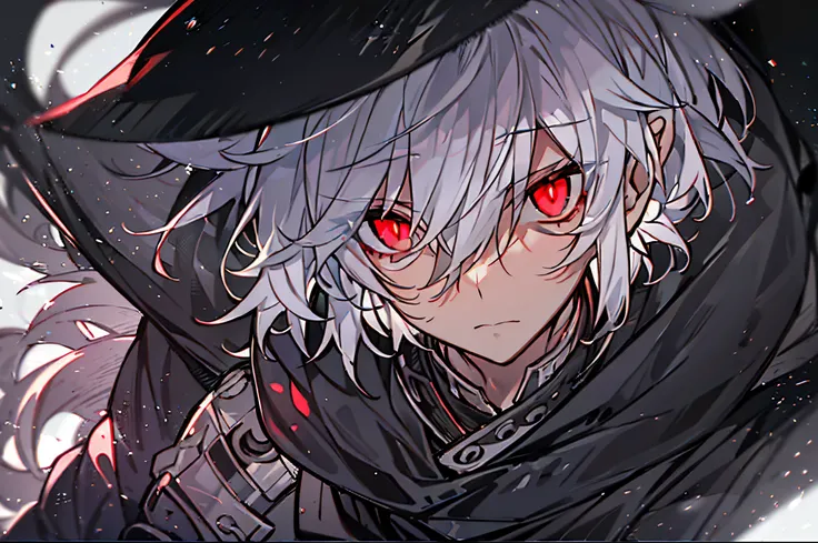 hight resolution,close range、Anime boy with white hair and red eyes staring at camera, Glowing red eyes,slim, dressed in a black outfit,Shadow Body,Brown skin、monochromes,hair messy,Straight face、glares、Diagonal angle