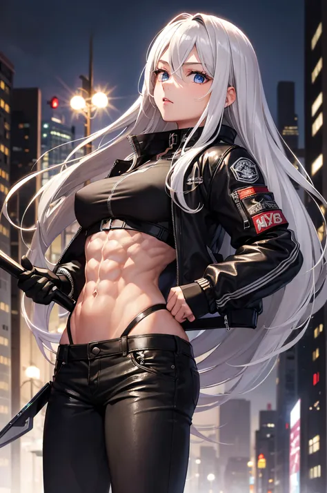 masterpiece, highest quality, 1girl, silver hair, middle hair, night city, (abs:1.5), (muscular:1.3), black Bomber jacket, black knife, blue eyes