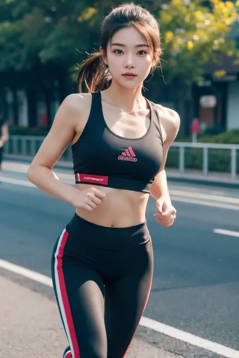 young girl jogging, muscle, wearing sport pants, gorgeous, beautiful, looking at viewer, slightly smiling, highly realistic, 8k, ultra sharp