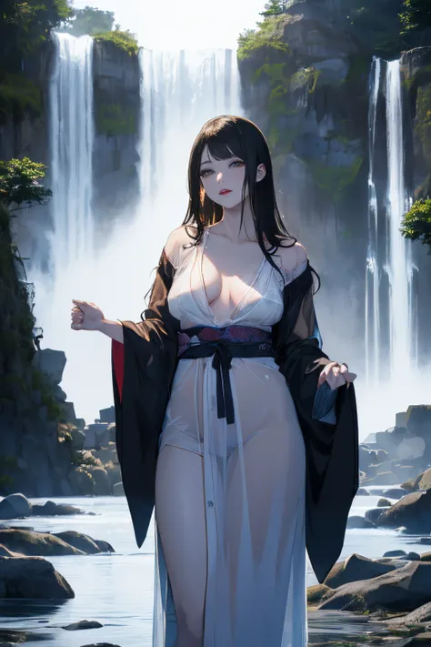 (((Standing in the middle of a waterfall on a moonlit night))),((beautiful woman standing in the middle of the pond:1)),((Beautiful half-naked woman in a beautiful waterfall basin)), ((Black Sexy Nightgown:1)), ((Sharp bewitching eyes))、((Obscene atmospher...