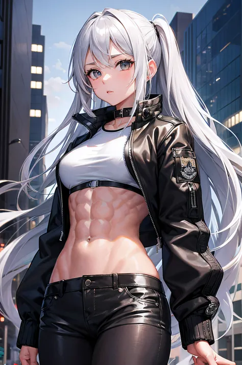 masterpiece, highest quality, 1girl, silver hair, middle hair, night city, (abs:1.5), black Bomber jacket,