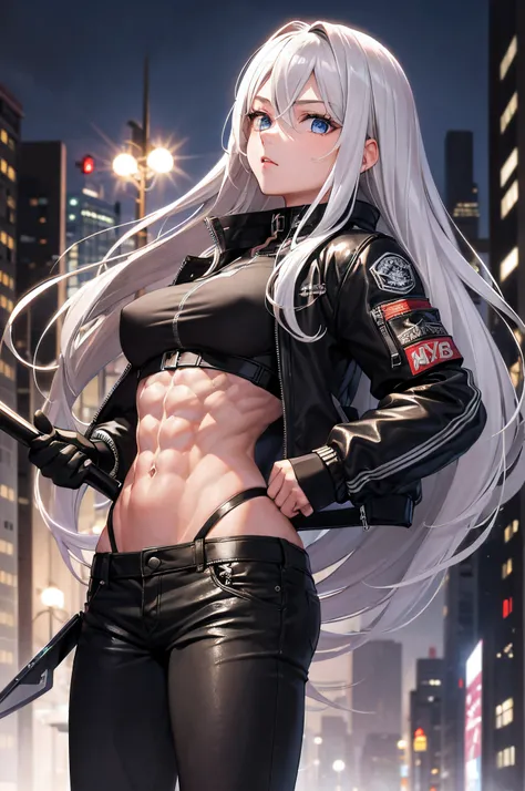 masterpiece, highest quality, 1girl, silver hair, middle hair, night city, (abs:1.5), (muscular:1.3), black Bomber jacket, black knife, blue eyes