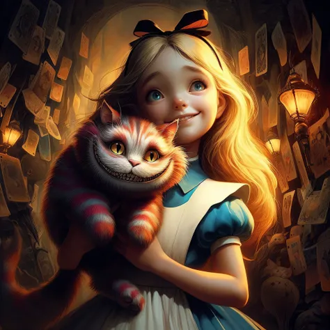 masterpiece, high quality, alphonse mucha style, artistic painting, cinematic lighting, dark atmosphere, land of cards, alice and the cheshire cat from alices adventures in wonderland, alice is holding the cheshire cat, they look happy a smiling face,