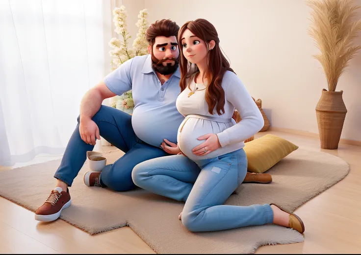 Pregnant woman with her belly showing and man with a big beard sitting on the floor