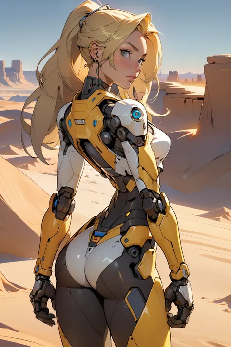 high quality, 4k, masterpiece, beautiful, cyborg girl, cowboy shot, dull eyes, back side, turning around to look at viewer, long blonde hair, girl, small breasts, fit thigh, robotic arms, robotic body, cyborg body, yellow accent, redaccent, intricate detai...