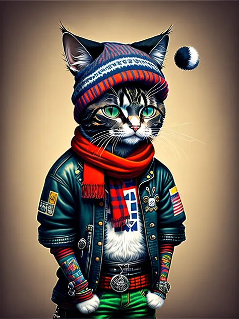 Drawing of a cat wearing a hat and scarf, art station trend, wearing punk clothing, detailed surreal rendering, british gang member, street style, intimidating pose, planet of cats, fashion clothing, urban samurai , meow, West Slavic traits, 8 1 5