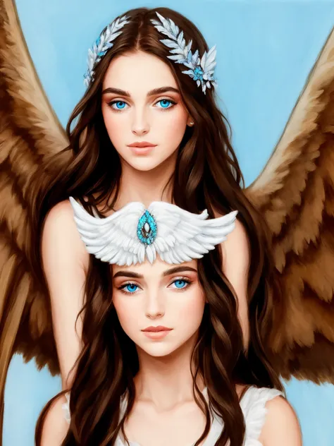 a goddess with long brown hair, leicht wellig. blaue augen, large wings and the accessories are blue