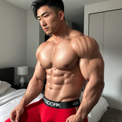 (best quality,4k,8k,highres,masterpiece:1.2),ultra-detailed,(realistic, photorealistic, photo-realistic:1.37), strong asian man, muscular build, handsome face, defined jawline, piercing eyes, fit body, thick muscular arms, sexy and confident, wearing styli...