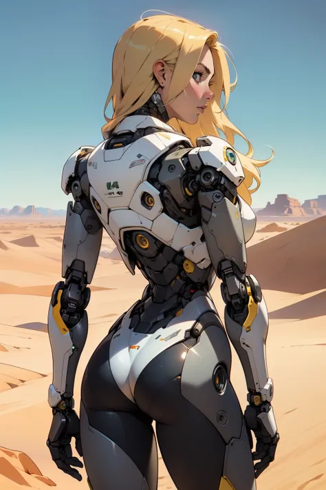 high quality, 4k, masterpiece, beautiful, cyborg girl, cowboy shot, dull eyes, back side, turning around to look at viewer, long blonde hair, girl, small breasts, fit thigh, robotic arms, robotic body, cyborg body, yellow accent, redaccent, intricate detai...