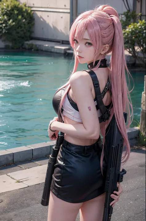 anime girl with pink hair and a gun in her hand, haruno sakura, from the azur lane videogame, fine details. girls frontline, cus...