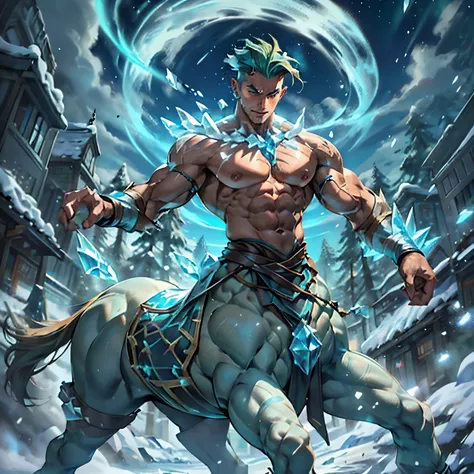 (Green short hair), (((male centaur))), ((bodybuilder)), ((very muscular)), ((broad chest)), ((thick pectorals)), abs, (((small waist))), ((big biceps)), ((large )), ((glans)), ((testicles)), ((nipple piercings)), snowy mountain, pine trees, aurora boreali...