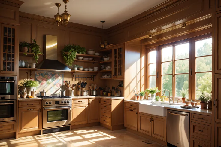 Maximalist kitchen with lots of flowers and plants, Golden light, An award-winning masterpiece with incredible detail, big windows, Highly detailed, Art Harper&#39;with Bazar, Fashion Magazine, Smooth, sharp-focus, 8K, Octane Render,