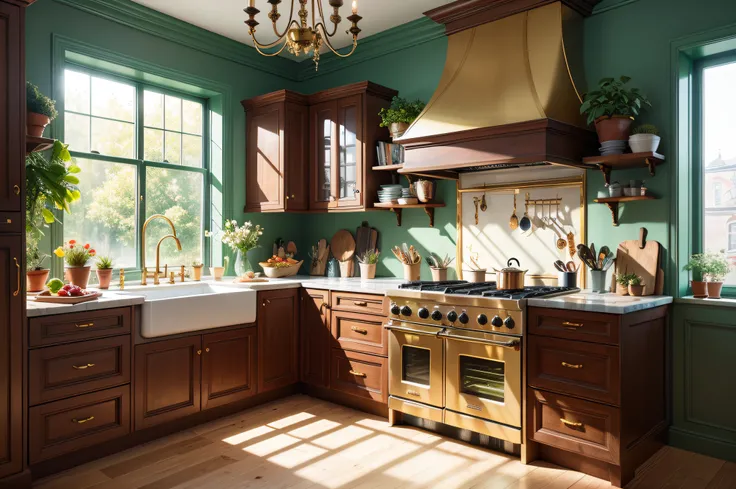 Maximalist kitchen with lots of flowers and plants, Golden light, An award-winning masterpiece with incredible detail, big windows, Highly detailed, Art Harper&#39;with Bazar, Fashion Magazine, Smooth, sharp-focus, 8K, Octane Render,