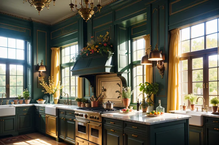 Maximalist kitchen with lots of flowers and plants, Golden light, An award-winning masterpiece with incredible detail, big windows, Highly detailed, Art Harper&#39;with Bazar, Fashion Magazine, Smooth, sharp-focus, 8K, Octane Render,