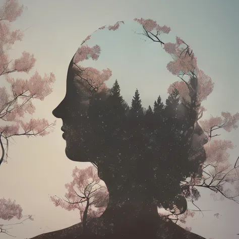 (Double exposure effect:1.3) of (female portrait :1.2) (silhouette:1.1) superimposed against sakura trees, by Dan Mountford, by Dan Hillier, soft colors, negative space, photoillustration