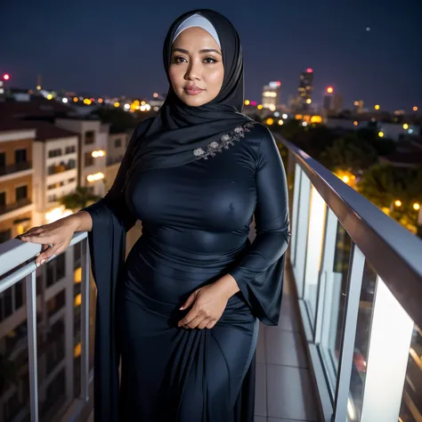 1woman,48 years old, Beautiful Hijab Indonesian Mature Woman, Wearing Gamis, Gigantic Tits : 21.9, Full body, Curvy body, Tight Clothes, Romantic Situation, At Balcony Hotel, Night Lightning, Looking at Shooting star, Nikon D7000, Candid shot, 1200mm conta...