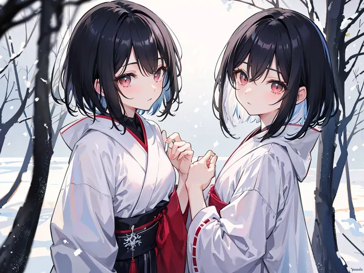 A half-length photo of a man and a woman couple standing side by side in Japanese anime style and looking at each other. It is snowing in winter, beautiful and sweet. The girl has black hair and bangs. The boy has short hair and a boyish look. He has good-...