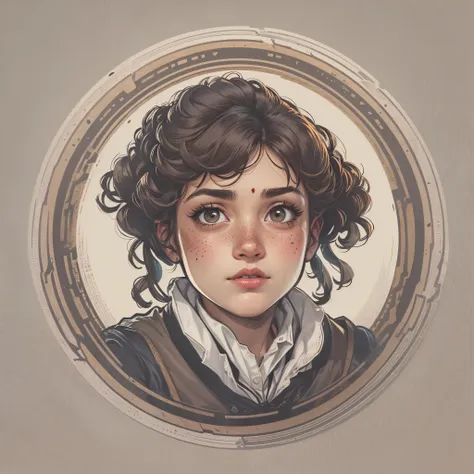 (Sticker),whitebackground,((in a circle)), A  girl, large facial features, round, heavy chin, dark curly hair, hair up to the shoulders, plus-size, brown eye, Tanned, freckles, Grim expression, Confident posture, (white  shirt, medieval black vest:1.3). bl...