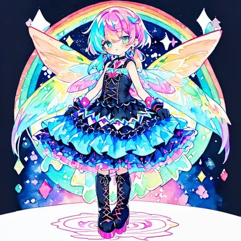 close your eyes and laugh、((Colorful, Vivid Color):1.3), (Like a hologram々A dress that gives off a bright color:1.5), ((iridescent crinoline, Multi-layer skirt that shines in rainbow colors):1.4), (Gothic lolita:1.2), (lace-up:1.2), ((Sleeveless, Bare shou...