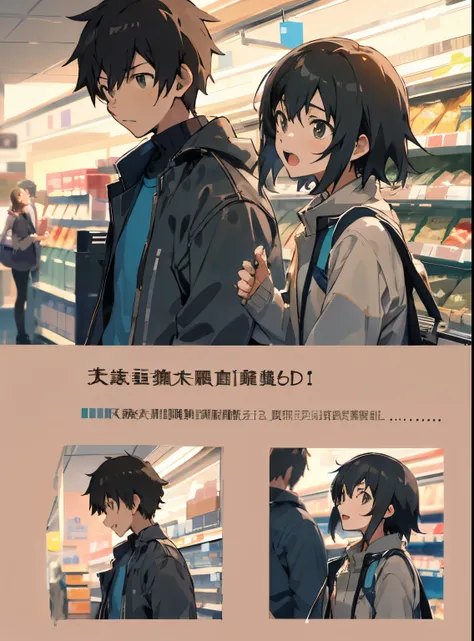 Estilo de Makoto Shinkai，couple，a young man and a woman，modern day，Visit the supermarket，Vivid expressions，There is a sense of interactivity。