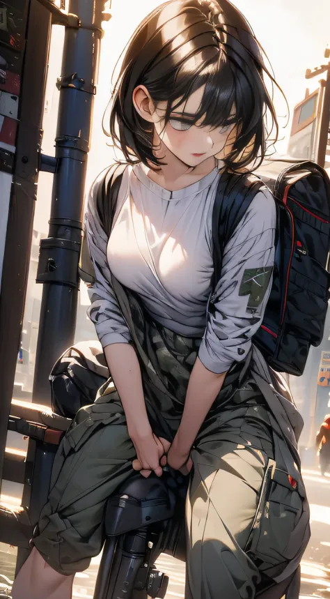 (long shot, looking away, shift character off center, draw the face precisely, cinematic perspective), (((Z stands for army truck in this prompt))), (((X stands for the her crotch area in this prompt))), (A female army infantry), (((wearing camouflage comb...