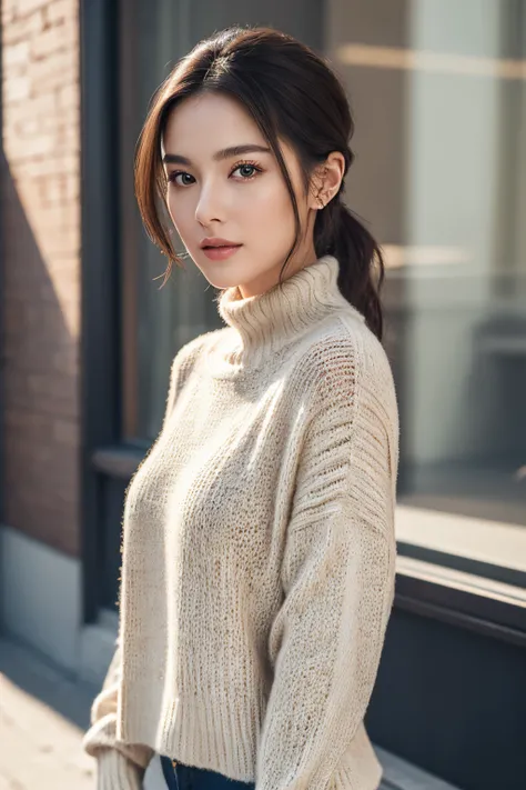 beautiful woman wearing knitwear、Raw photography、High class、The upper part of the body、top-quality、​masterpiece：1.2、（reallistic、Photorealsitic：1.37）、Professional Writing、Physically Based Rendering、in 8K、Realistic background、Clear background