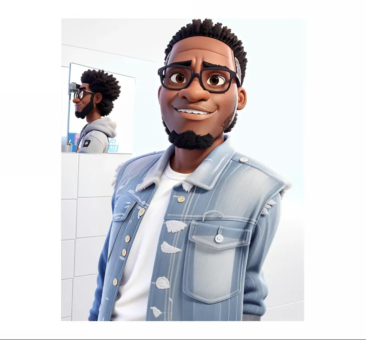 jovem negro claro de oculos escuro no balheiro com espelho reflitindo sua propia imagem cabelo afro, igual aos filmes Disney Pixar