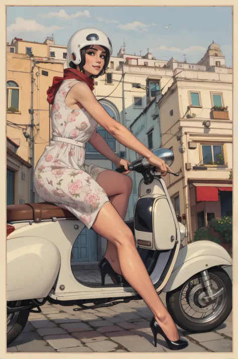 arafed woman in a dress and helmet riding a scooter, pinup art, pin-up poster girl, inspired by vincent lefevre, artwork in the ...