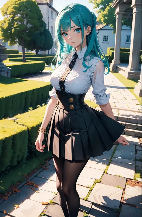 (Best quality), (masterpiece), (ultra detail), A cute girl, highly detailed face, indifferent facial expression, teal crystal eyes, turquoise hair, full body, in the country side castle in England like , BREAK (black tights), (one piece dress with short pl...